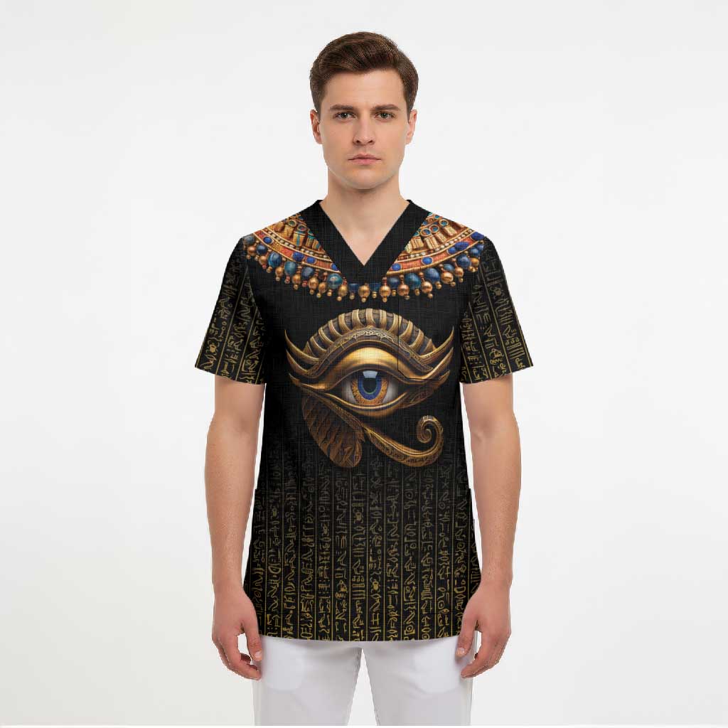 Egypt Eyes Of Horus Scrub Top with Egyptian Hieroglyphs