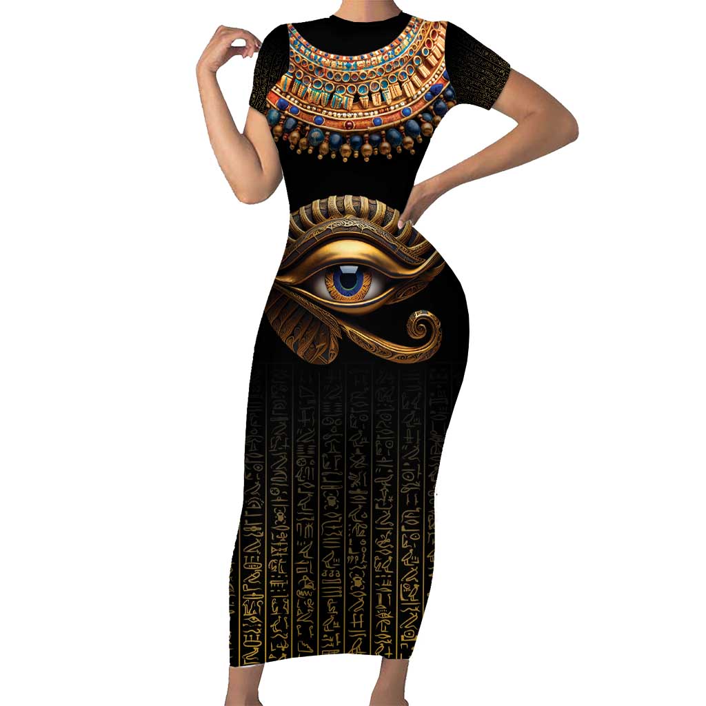 Egypt Eyes Of Horus Short Sleeve Bodycon Dress with Egyptian Hieroglyphs - Wonder Print Shop