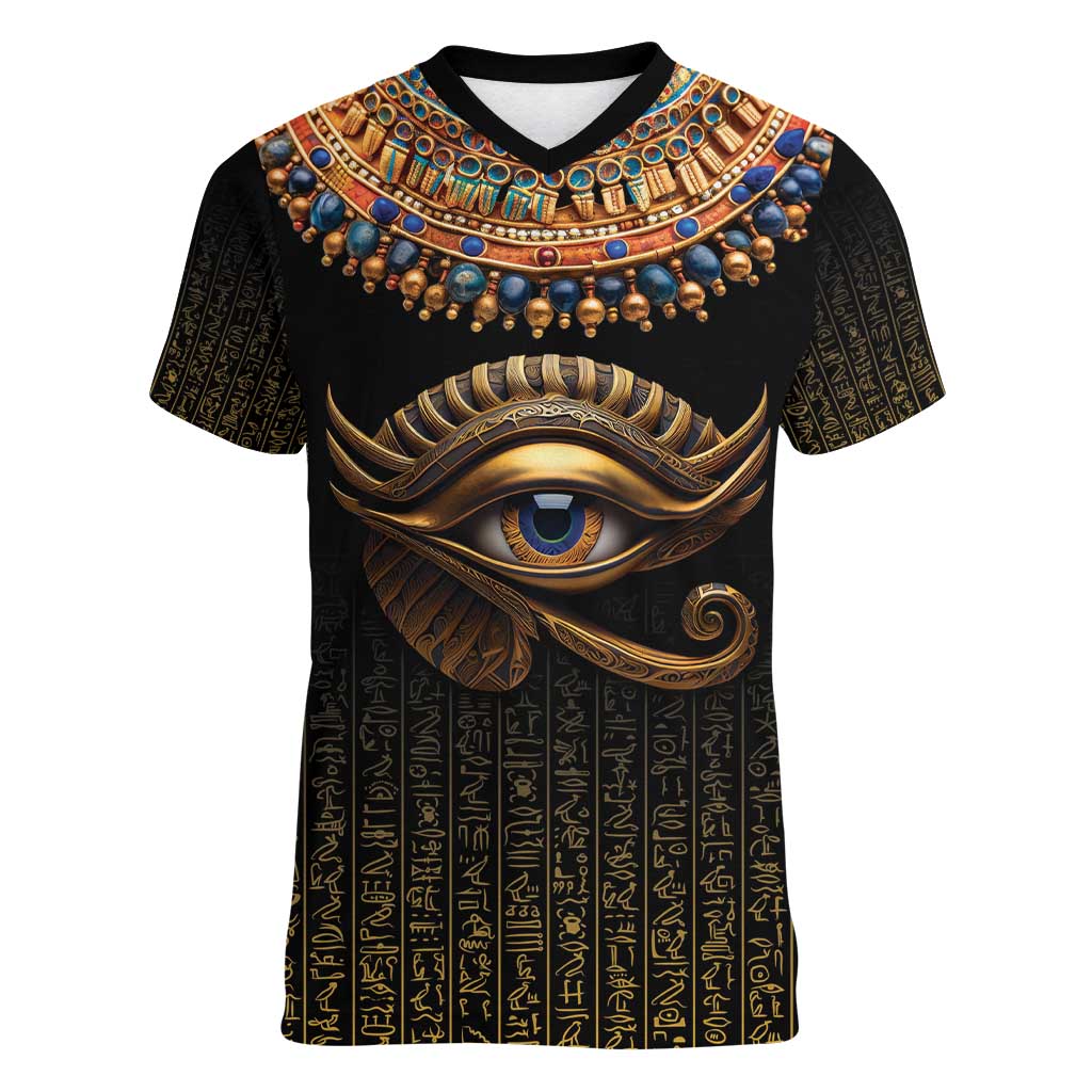 Egypt Eyes Of Horus Women V-Neck T-Shirt with Egyptian Hieroglyphs - Wonder Print Shop