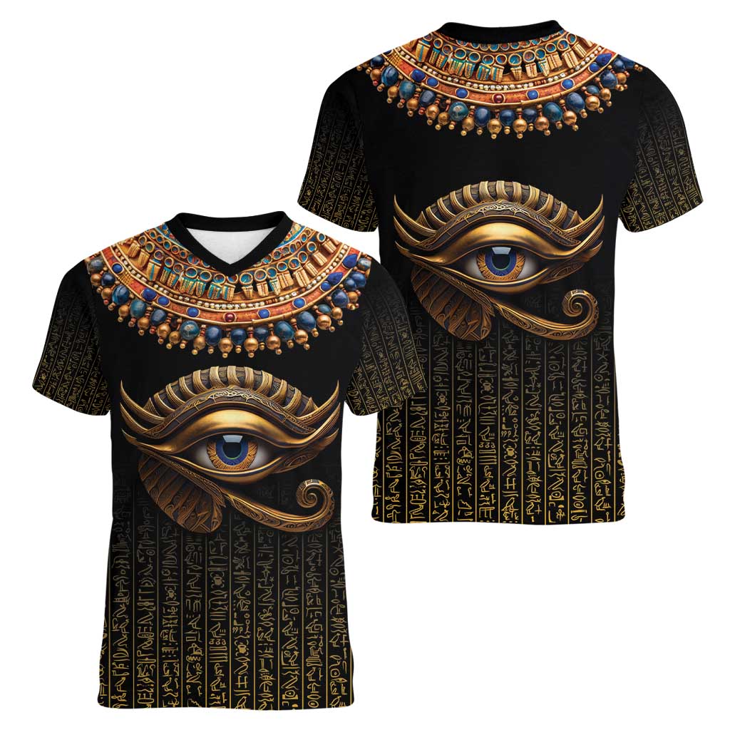 Egypt Eyes Of Horus Women V-Neck T-Shirt with Egyptian Hieroglyphs - Wonder Print Shop