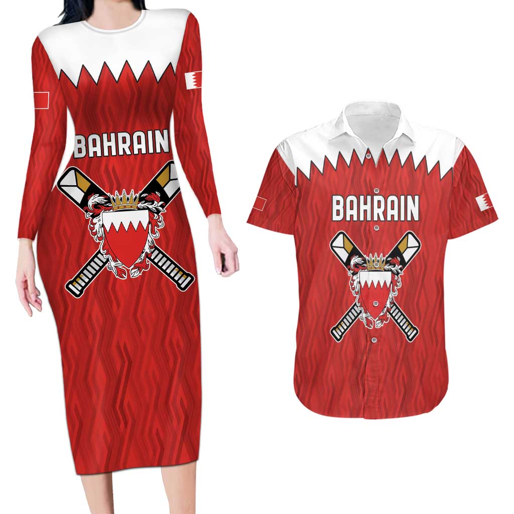 Custom Bahrain Cricket Couples Matching Long Sleeve Bodycon Dress and Hawaiian Shirt Coat of arms of Bahrain with Sporty Pattern LT9 - Wonder Print Shop