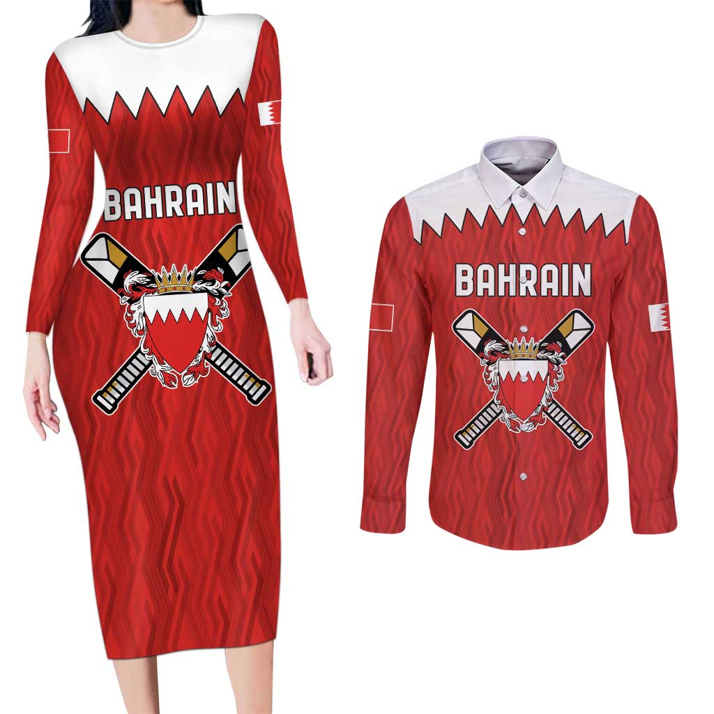 Custom Bahrain Cricket Couples Matching Long Sleeve Bodycon Dress and Long Sleeve Button Shirt Coat of arms of Bahrain with Sporty Pattern LT9 - Wonder Print Shop