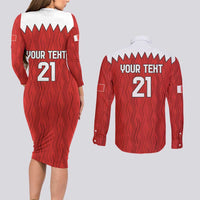 Custom Bahrain Cricket Couples Matching Long Sleeve Bodycon Dress and Long Sleeve Button Shirt Coat of arms of Bahrain with Sporty Pattern LT9 - Wonder Print Shop