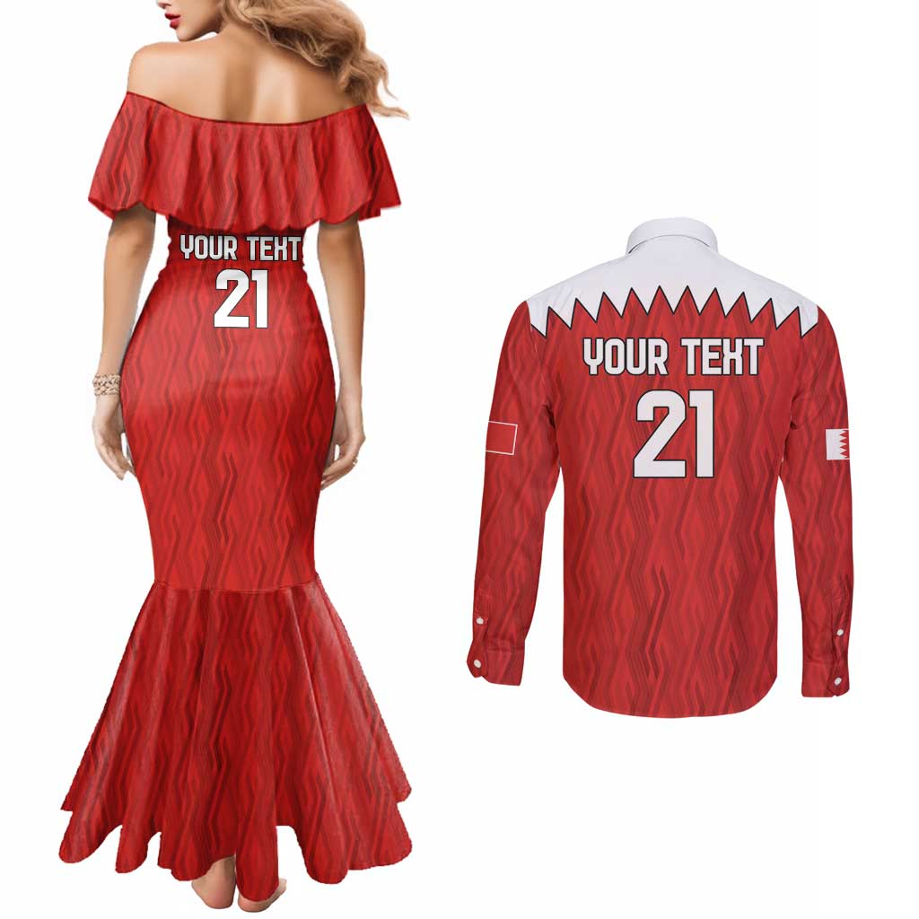 Custom Bahrain Cricket Couples Matching Mermaid Dress and Long Sleeve Button Shirt Coat of arms of Bahrain with Sporty Pattern