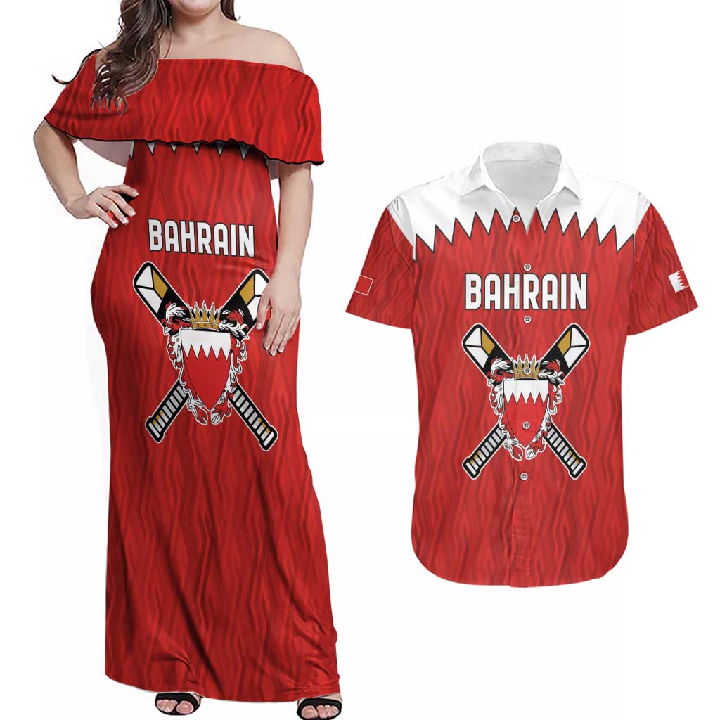 Custom Bahrain Cricket Couples Matching Off Shoulder Maxi Dress and Hawaiian Shirt Coat of arms of Bahrain with Sporty Pattern LT9 - Wonder Print Shop
