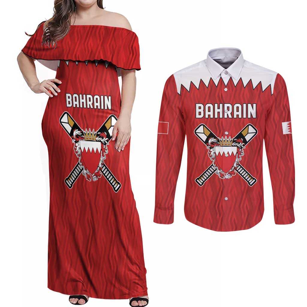 Custom Bahrain Cricket Couples Matching Off Shoulder Maxi Dress and Long Sleeve Button Shirt Coat of arms of Bahrain with Sporty Pattern LT9 - Wonder Print Shop
