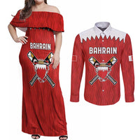 Custom Bahrain Cricket Couples Matching Off Shoulder Maxi Dress and Long Sleeve Button Shirt Coat of arms of Bahrain with Sporty Pattern LT9 - Wonder Print Shop