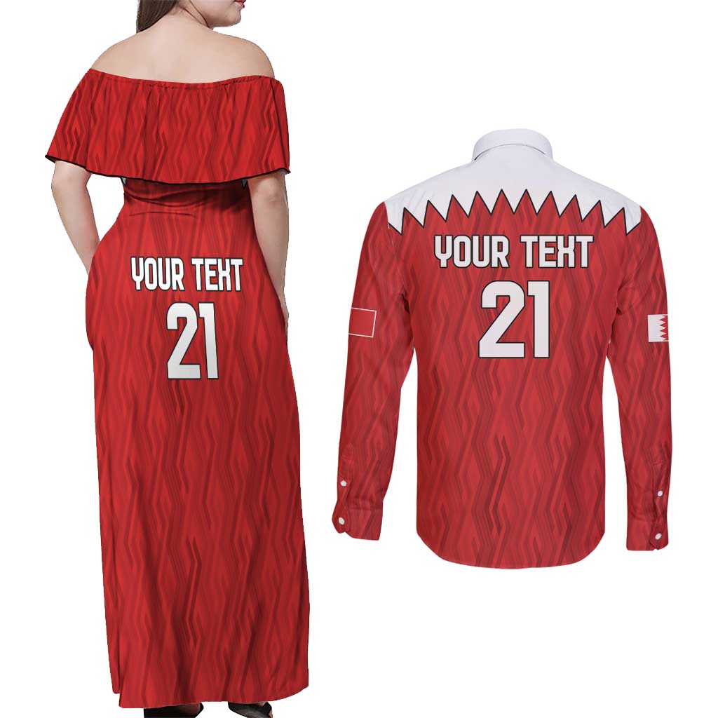 Custom Bahrain Cricket Couples Matching Off Shoulder Maxi Dress and Long Sleeve Button Shirt Coat of arms of Bahrain with Sporty Pattern LT9 - Wonder Print Shop