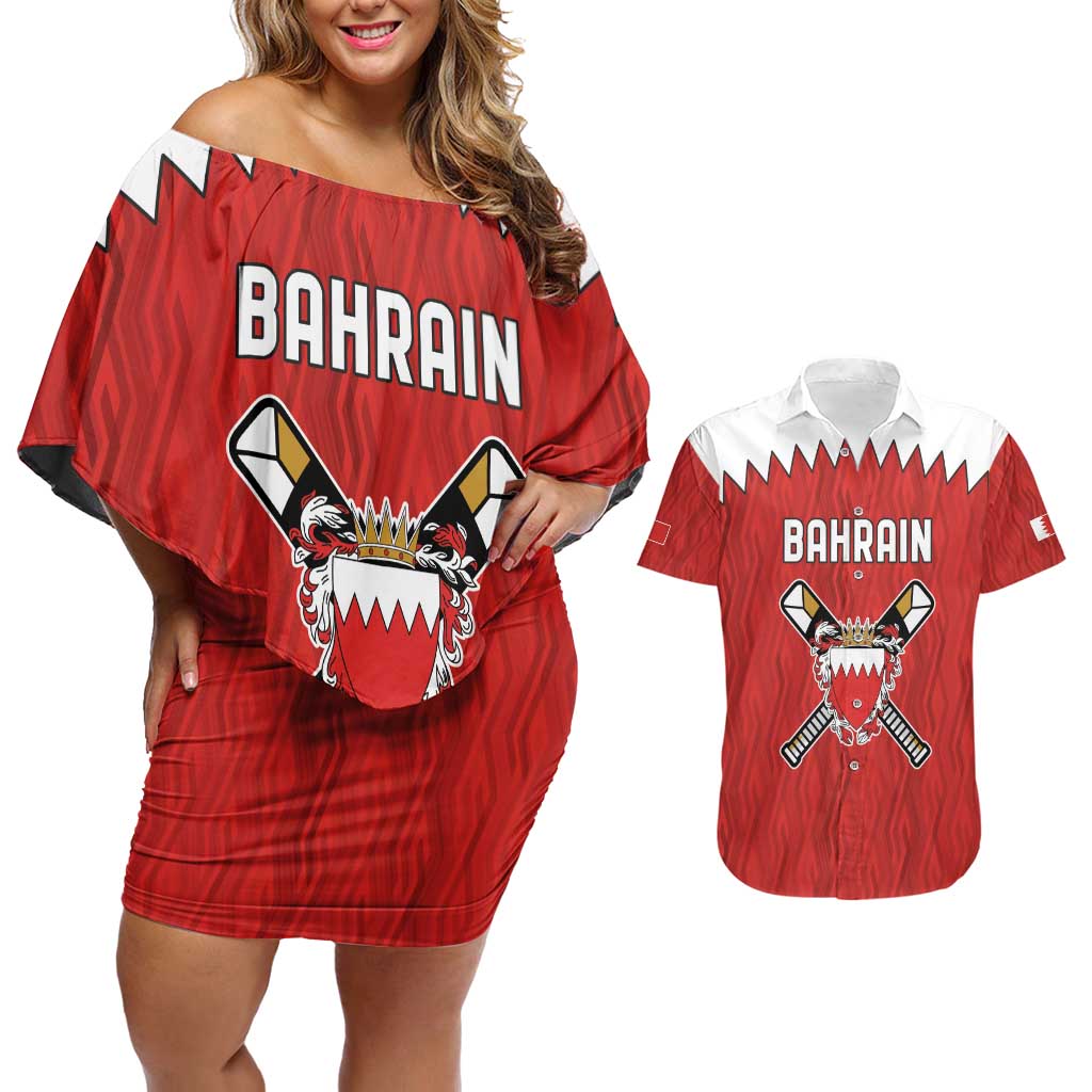 Custom Bahrain Cricket Couples Matching Off Shoulder Short Dress and Hawaiian Shirt Coat of arms of Bahrain with Sporty Pattern LT9 - Wonder Print Shop