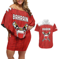 Custom Bahrain Cricket Couples Matching Off Shoulder Short Dress and Hawaiian Shirt Coat of arms of Bahrain with Sporty Pattern LT9 - Wonder Print Shop