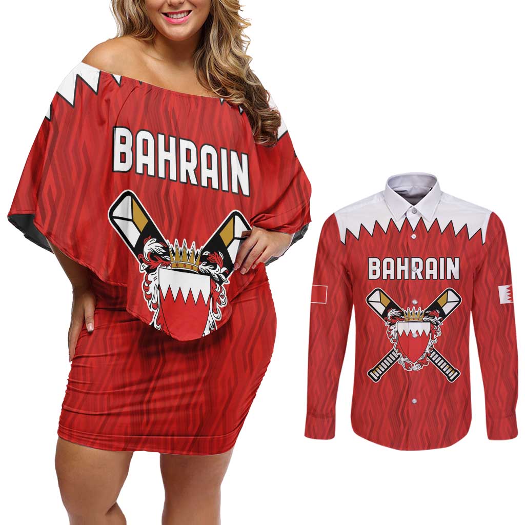Custom Bahrain Cricket Couples Matching Off Shoulder Short Dress and Long Sleeve Button Shirt Coat of arms of Bahrain with Sporty Pattern LT9 - Wonder Print Shop