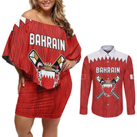 Custom Bahrain Cricket Couples Matching Off Shoulder Short Dress and Long Sleeve Button Shirt Coat of arms of Bahrain with Sporty Pattern LT9 - Wonder Print Shop