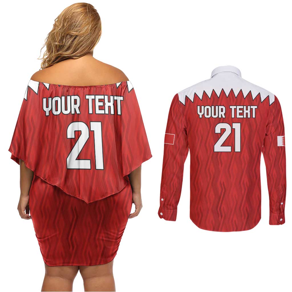 Custom Bahrain Cricket Couples Matching Off Shoulder Short Dress and Long Sleeve Button Shirt Coat of arms of Bahrain with Sporty Pattern LT9 - Wonder Print Shop