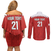 Custom Bahrain Cricket Couples Matching Off Shoulder Short Dress and Long Sleeve Button Shirt Coat of arms of Bahrain with Sporty Pattern LT9 - Wonder Print Shop