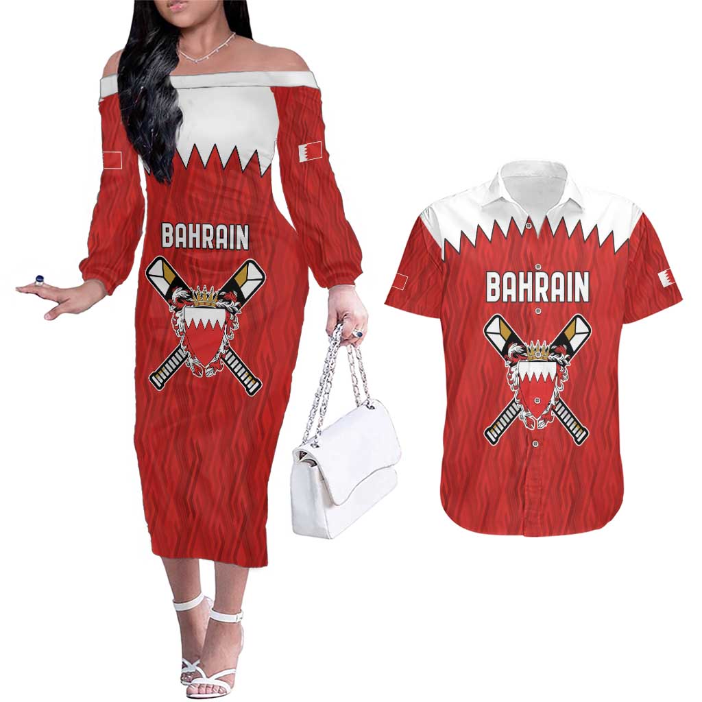 Custom Bahrain Cricket Couples Matching Off The Shoulder Long Sleeve Dress and Hawaiian Shirt Coat of arms of Bahrain with Sporty Pattern LT9 - Wonder Print Shop