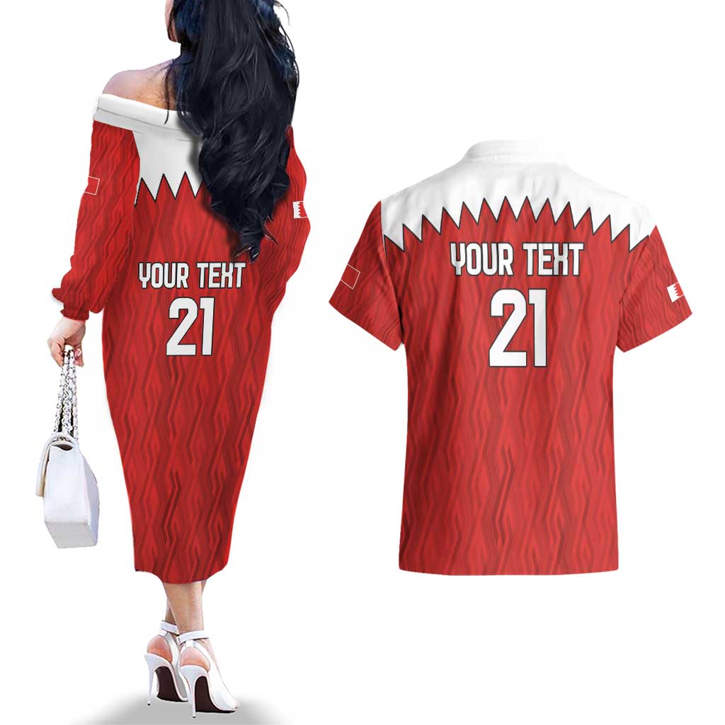 Custom Bahrain Cricket Couples Matching Off The Shoulder Long Sleeve Dress and Hawaiian Shirt Coat of arms of Bahrain with Sporty Pattern LT9 - Wonder Print Shop
