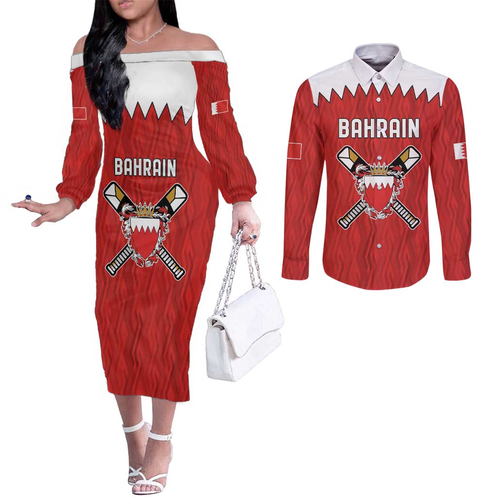 Custom Bahrain Cricket Couples Matching Off The Shoulder Long Sleeve Dress and Long Sleeve Button Shirt Coat of arms of Bahrain with Sporty Pattern