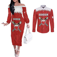 Custom Bahrain Cricket Couples Matching Off The Shoulder Long Sleeve Dress and Long Sleeve Button Shirt Coat of arms of Bahrain with Sporty Pattern