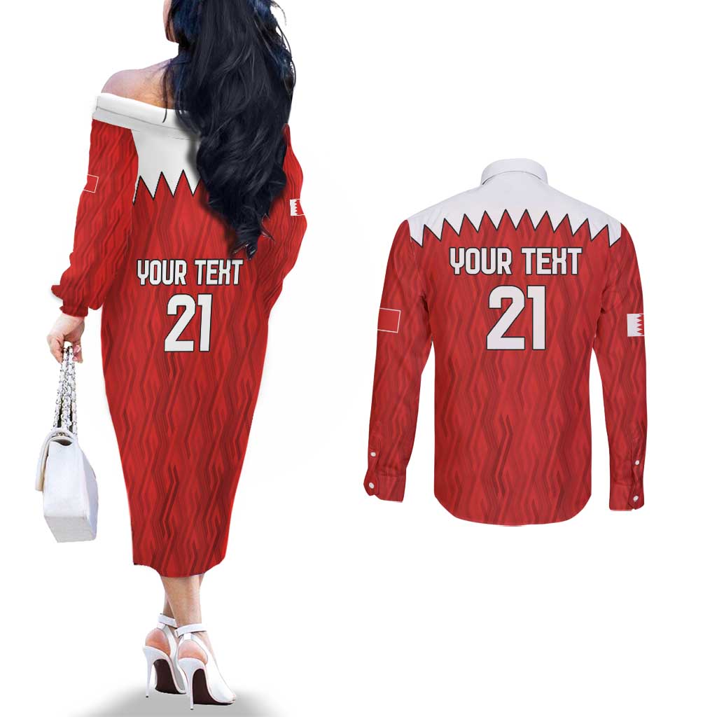 Custom Bahrain Cricket Couples Matching Off The Shoulder Long Sleeve Dress and Long Sleeve Button Shirt Coat of arms of Bahrain with Sporty Pattern