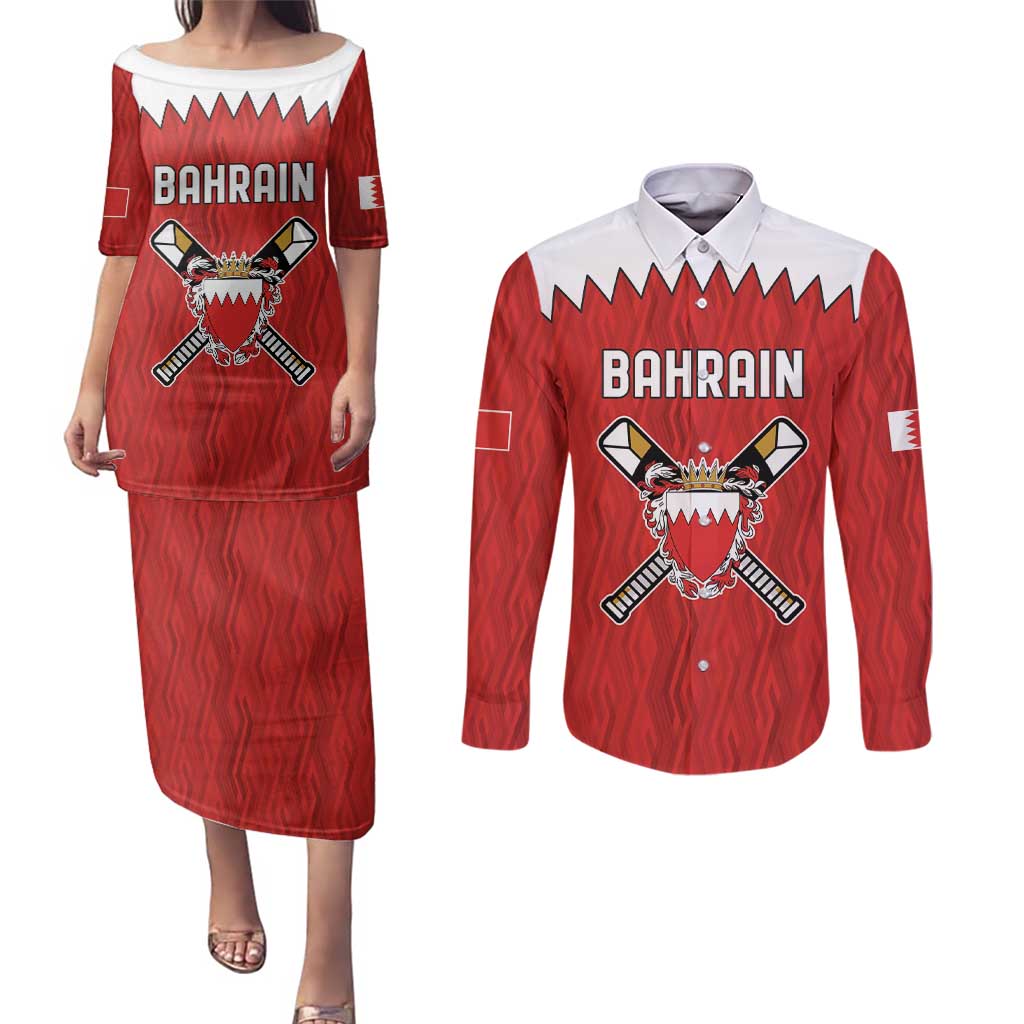 Custom Bahrain Cricket Couples Matching Puletasi and Long Sleeve Button Shirt Coat of arms of Bahrain with Sporty Pattern LT9 - Wonder Print Shop