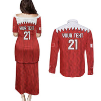 Custom Bahrain Cricket Couples Matching Puletasi and Long Sleeve Button Shirt Coat of arms of Bahrain with Sporty Pattern LT9 - Wonder Print Shop