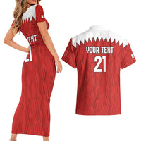 Custom Bahrain Cricket Couples Matching Short Sleeve Bodycon Dress and Hawaiian Shirt Coat of arms of Bahrain with Sporty Pattern LT9 - Wonder Print Shop