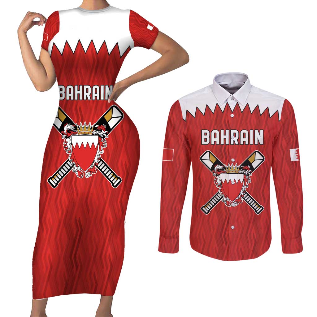 Custom Bahrain Cricket Couples Matching Short Sleeve Bodycon Dress and Long Sleeve Button Shirt Coat of arms of Bahrain with Sporty Pattern LT9 - Wonder Print Shop