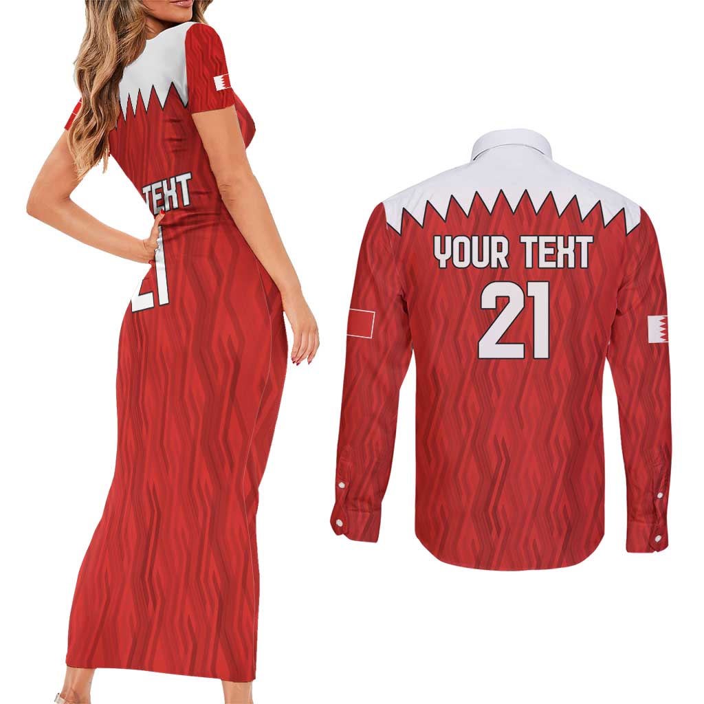 Custom Bahrain Cricket Couples Matching Short Sleeve Bodycon Dress and Long Sleeve Button Shirt Coat of arms of Bahrain with Sporty Pattern LT9 - Wonder Print Shop