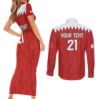 Custom Bahrain Cricket Couples Matching Short Sleeve Bodycon Dress and Long Sleeve Button Shirt Coat of arms of Bahrain with Sporty Pattern LT9 - Wonder Print Shop