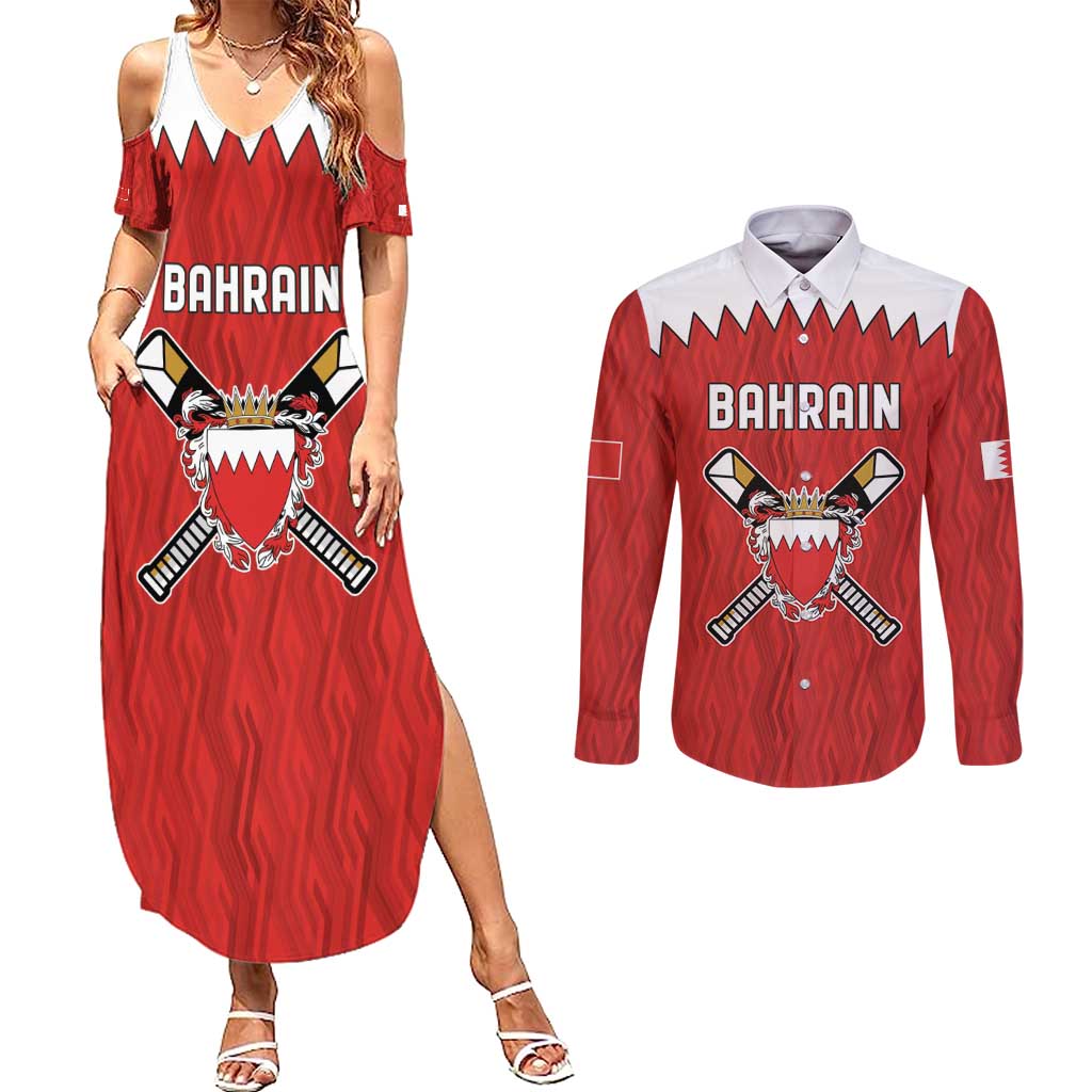 Custom Bahrain Cricket Couples Matching Summer Maxi Dress and Long Sleeve Button Shirt Coat of arms of Bahrain with Sporty Pattern LT9 - Wonder Print Shop