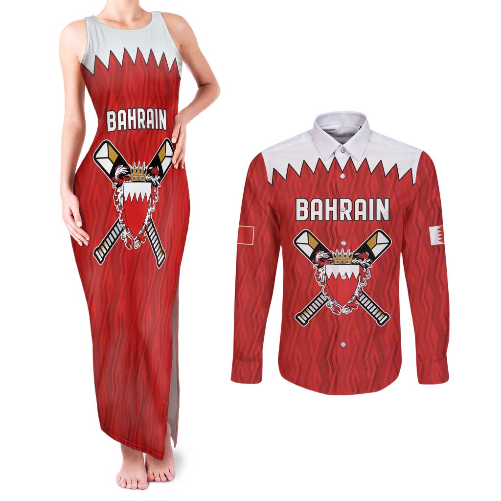 Custom Bahrain Cricket Couples Matching Tank Maxi Dress and Long Sleeve Button Shirt Coat of arms of Bahrain with Sporty Pattern LT9 - Wonder Print Shop