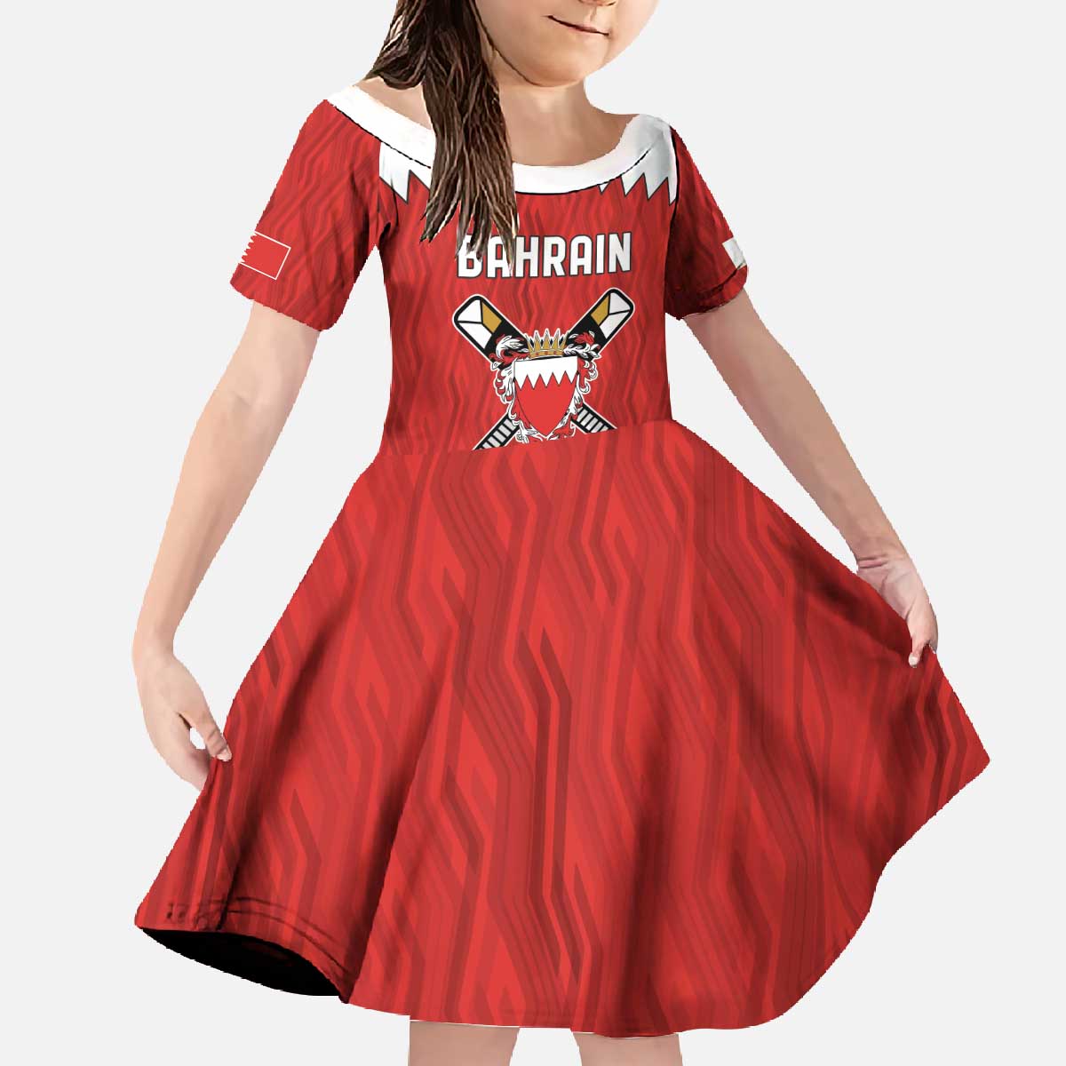 Custom Bahrain Cricket Family Matching Off The Shoulder Long Sleeve Dress and Hawaiian Shirt Coat of arms of Bahrain with Sporty Pattern - Wonder Print Shop