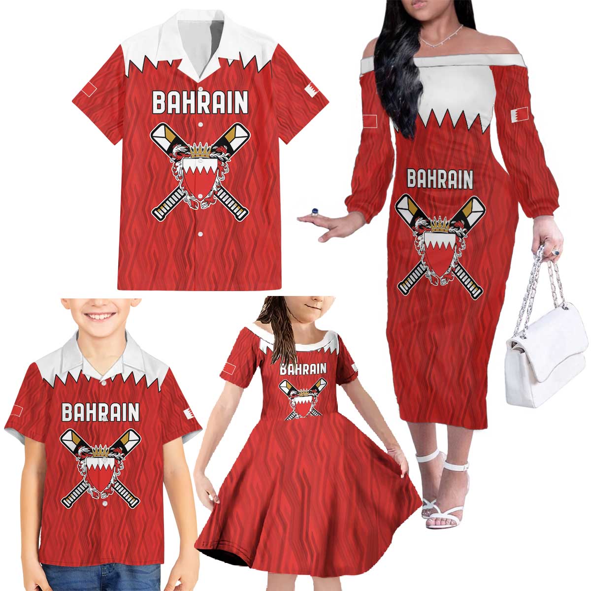 Custom Bahrain Cricket Family Matching Off The Shoulder Long Sleeve Dress and Hawaiian Shirt Coat of arms of Bahrain with Sporty Pattern - Wonder Print Shop