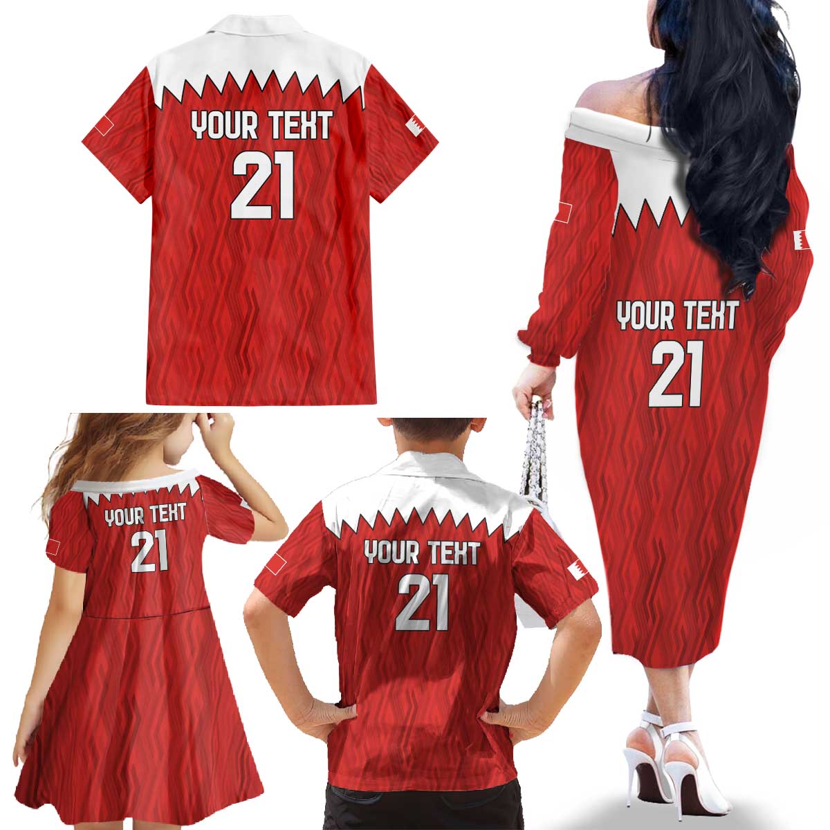 Custom Bahrain Cricket Family Matching Off The Shoulder Long Sleeve Dress and Hawaiian Shirt Coat of arms of Bahrain with Sporty Pattern - Wonder Print Shop