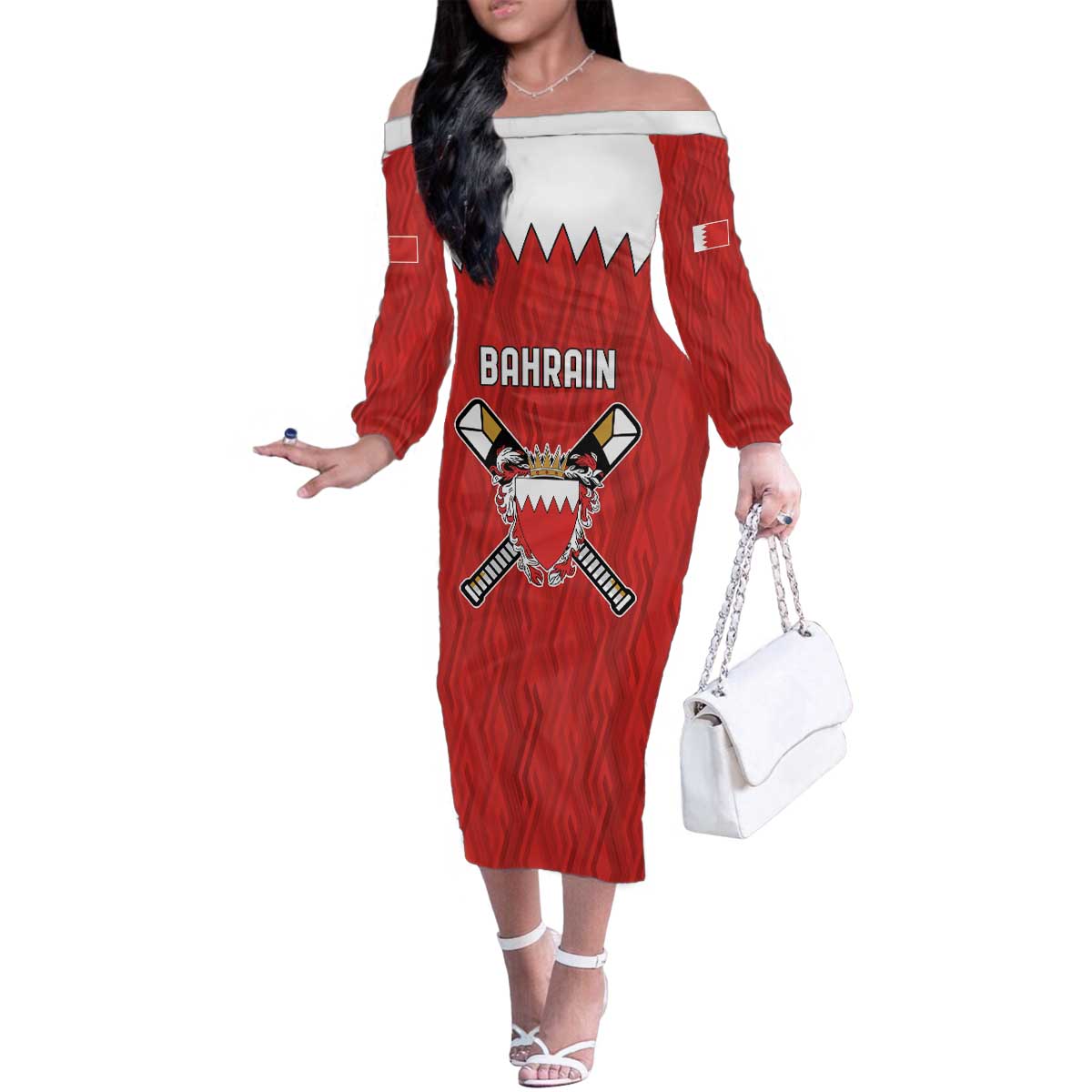Custom Bahrain Cricket Family Matching Off The Shoulder Long Sleeve Dress and Hawaiian Shirt Coat of arms of Bahrain with Sporty Pattern - Wonder Print Shop