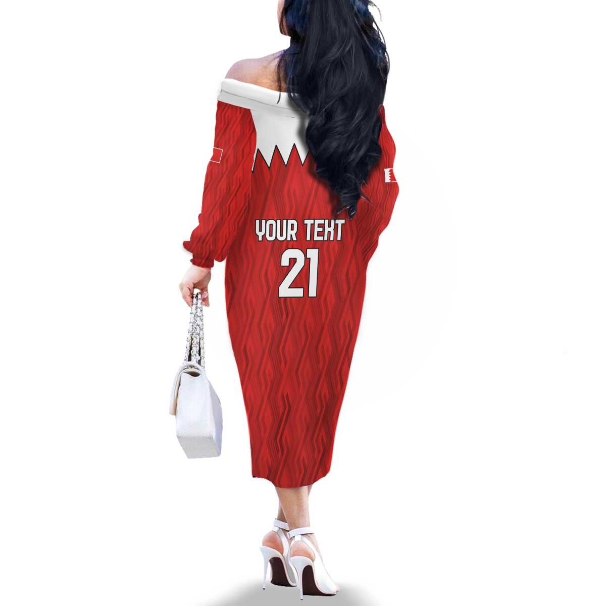 Custom Bahrain Cricket Family Matching Off The Shoulder Long Sleeve Dress and Hawaiian Shirt Coat of arms of Bahrain with Sporty Pattern - Wonder Print Shop