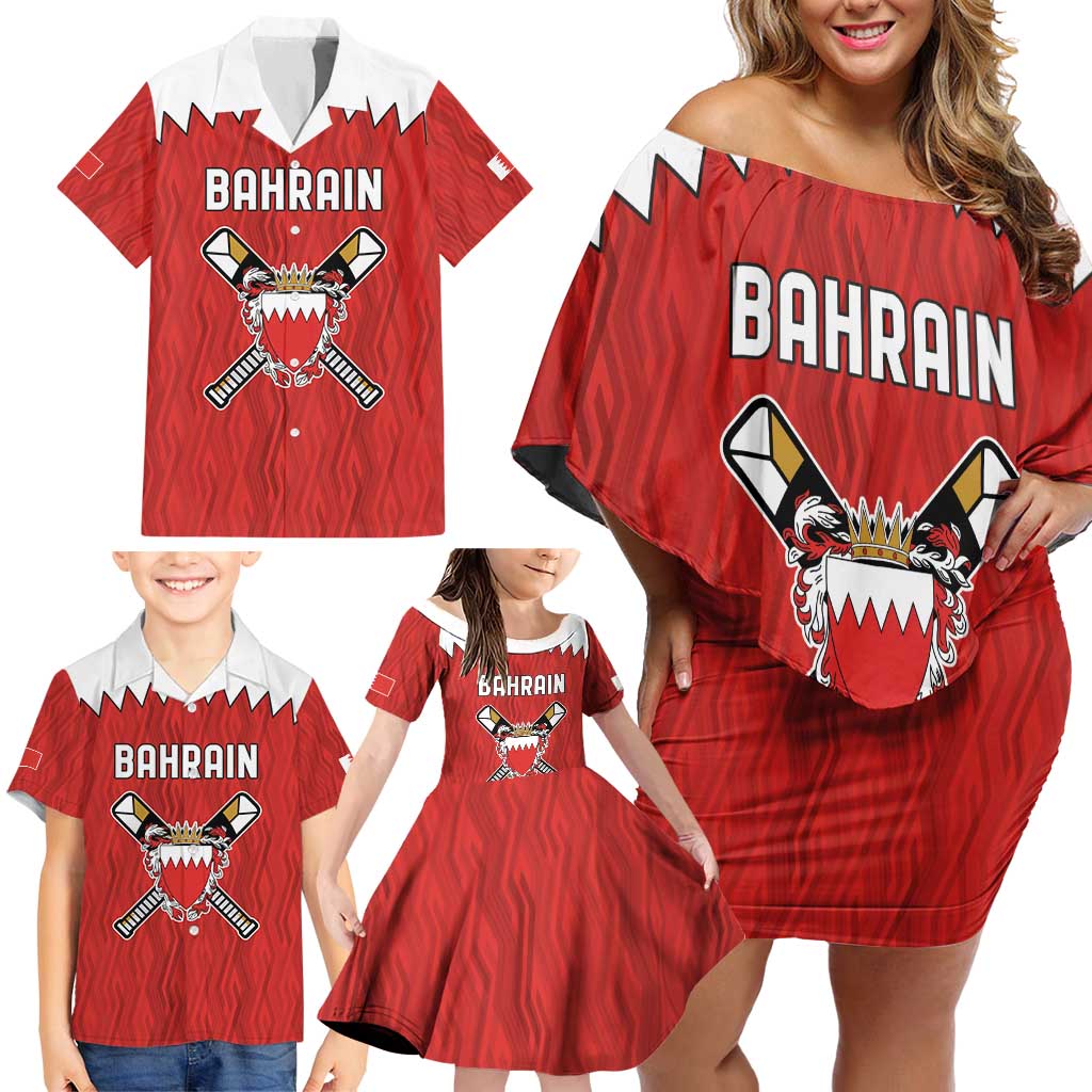 Custom Bahrain Cricket Family Matching Off Shoulder Short Dress and Hawaiian Shirt Coat of arms of Bahrain with Sporty Pattern LT9 - Wonder Print Shop