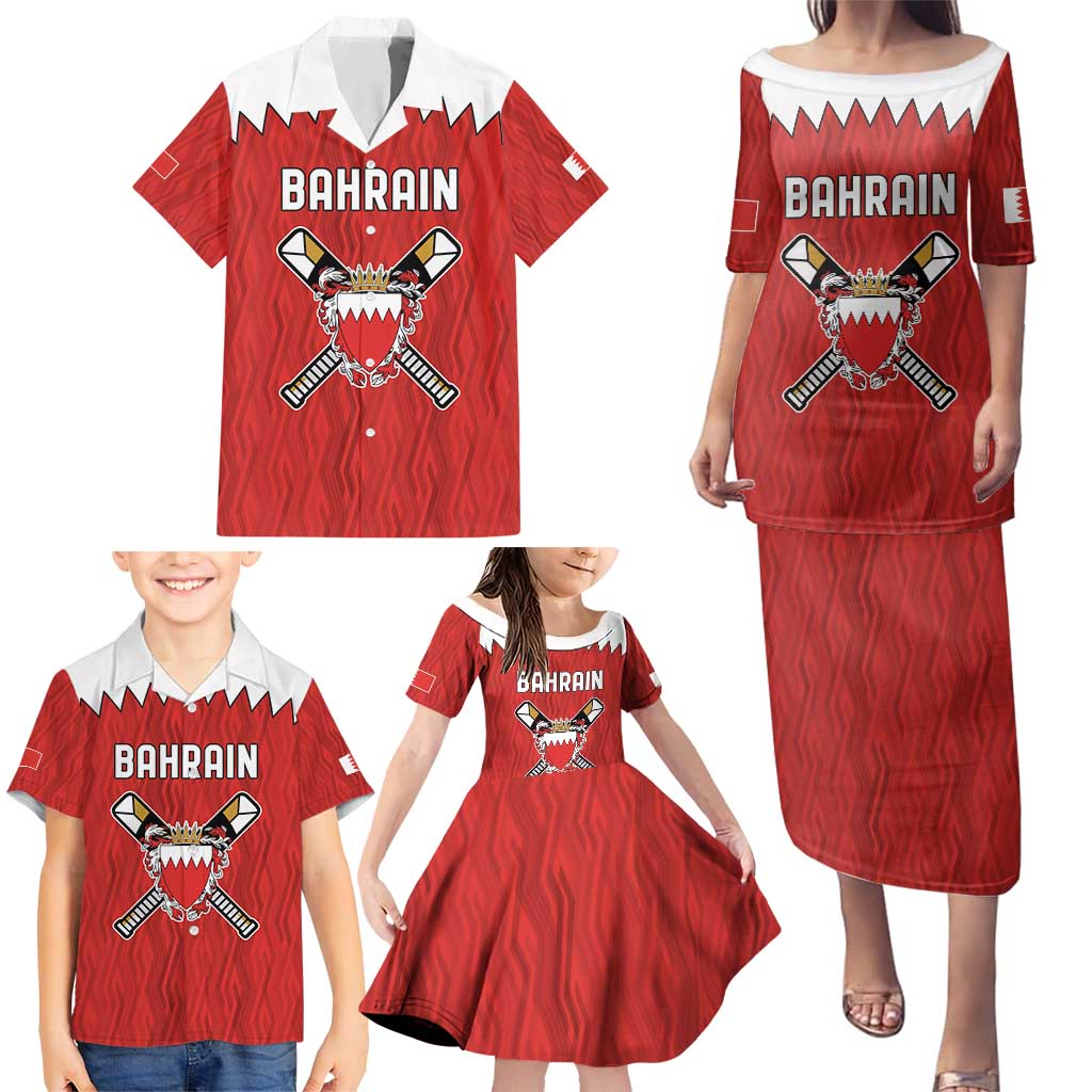 Custom Bahrain Cricket Family Matching Puletasi and Hawaiian Shirt Coat of arms of Bahrain with Sporty Pattern - Wonder Print Shop
