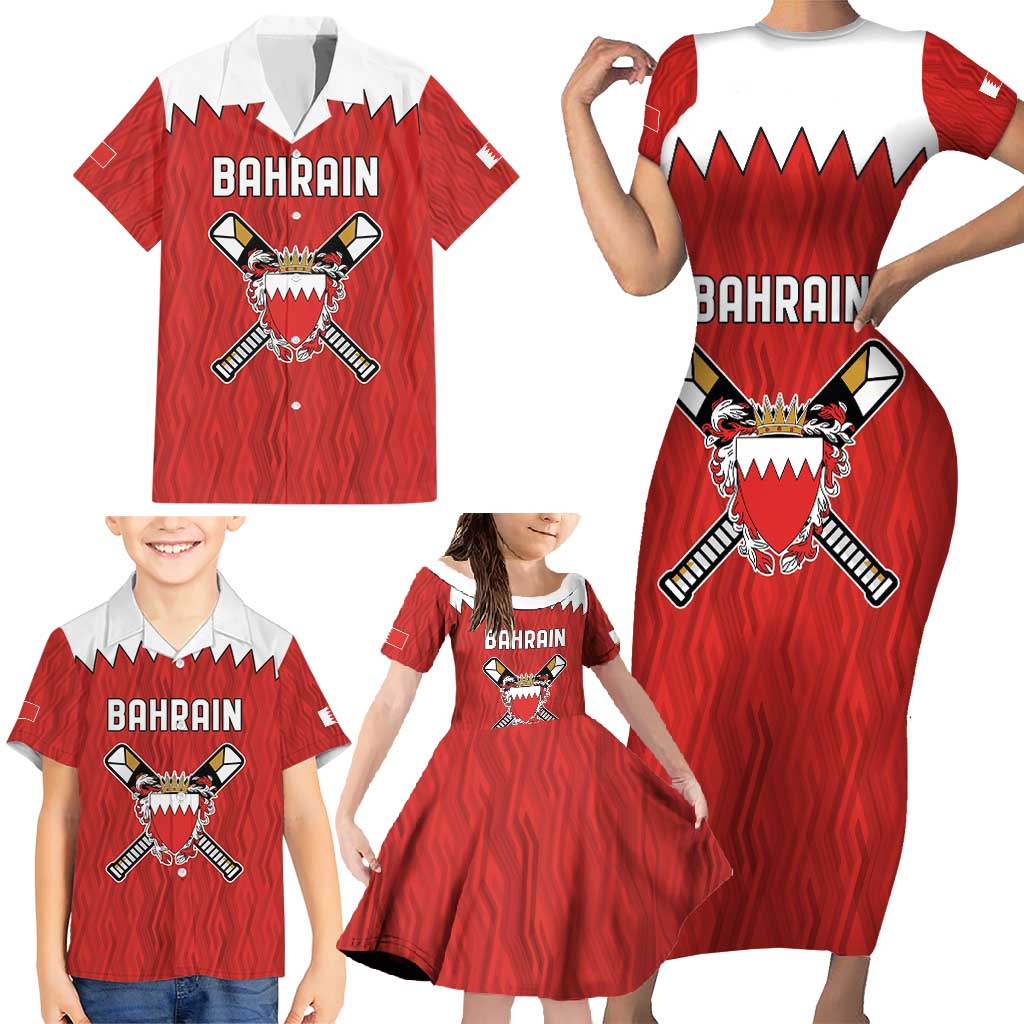 Custom Bahrain Cricket Family Matching Short Sleeve Bodycon Dress and Hawaiian Shirt Coat of arms of Bahrain with Sporty Pattern - Wonder Print Shop