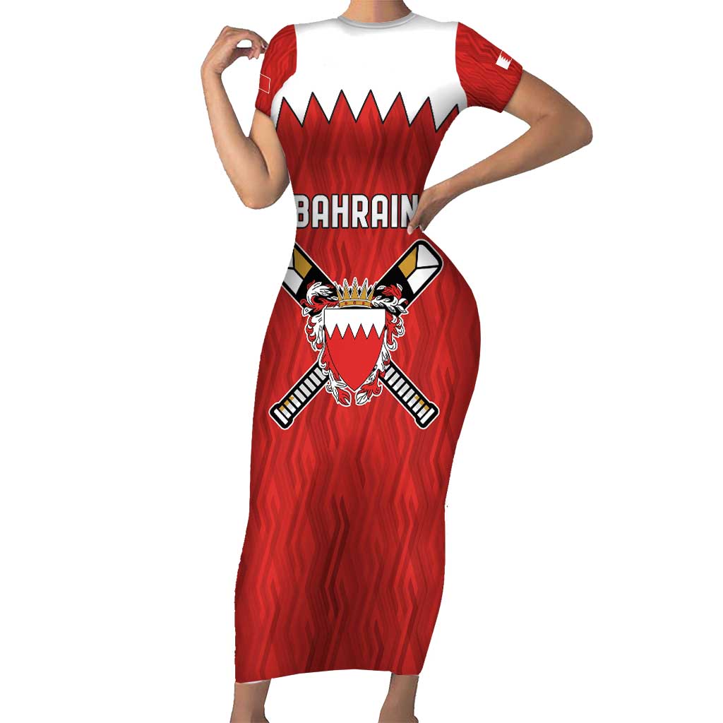 Custom Bahrain Cricket Family Matching Short Sleeve Bodycon Dress and Hawaiian Shirt Coat of arms of Bahrain with Sporty Pattern - Wonder Print Shop