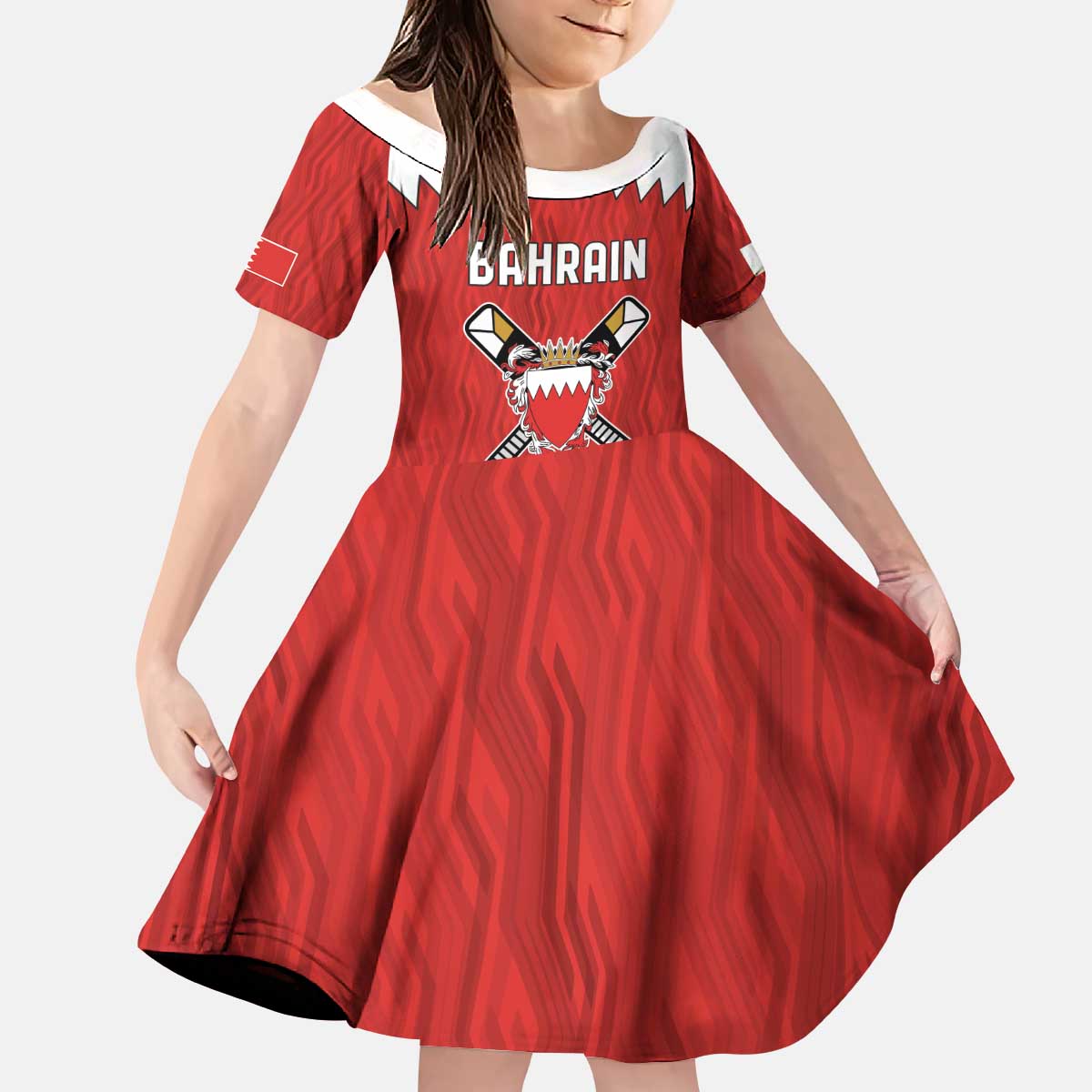 Custom Bahrain Cricket Kid Short Sleeve Dress Coat of arms of Bahrain with Sporty Pattern - Wonder Print Shop