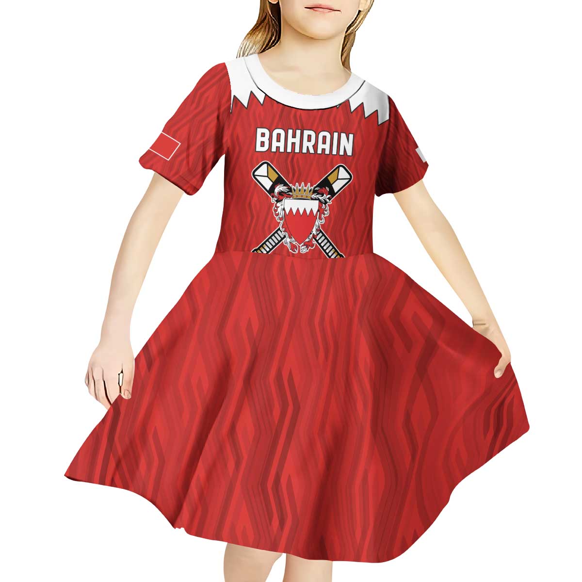 Custom Bahrain Cricket Kid Short Sleeve Dress Coat of arms of Bahrain with Sporty Pattern - Wonder Print Shop