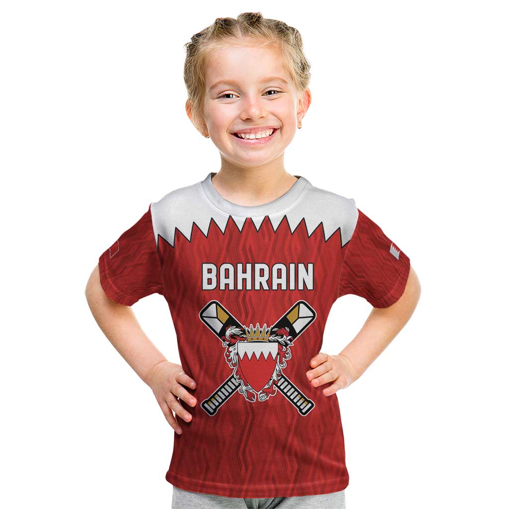 Custom Bahrain Cricket Kid T Shirt Coat of arms of Bahrain with Sporty Pattern - Wonder Print Shop