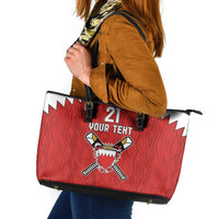 Custom Bahrain Cricket Leather Tote Bag Coat of arms of Bahrain with Sporty Pattern - Wonder Print Shop