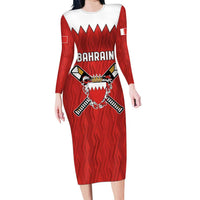 Custom Bahrain Cricket Long Sleeve Bodycon Dress Coat of arms of Bahrain with Sporty Pattern - Wonder Print Shop