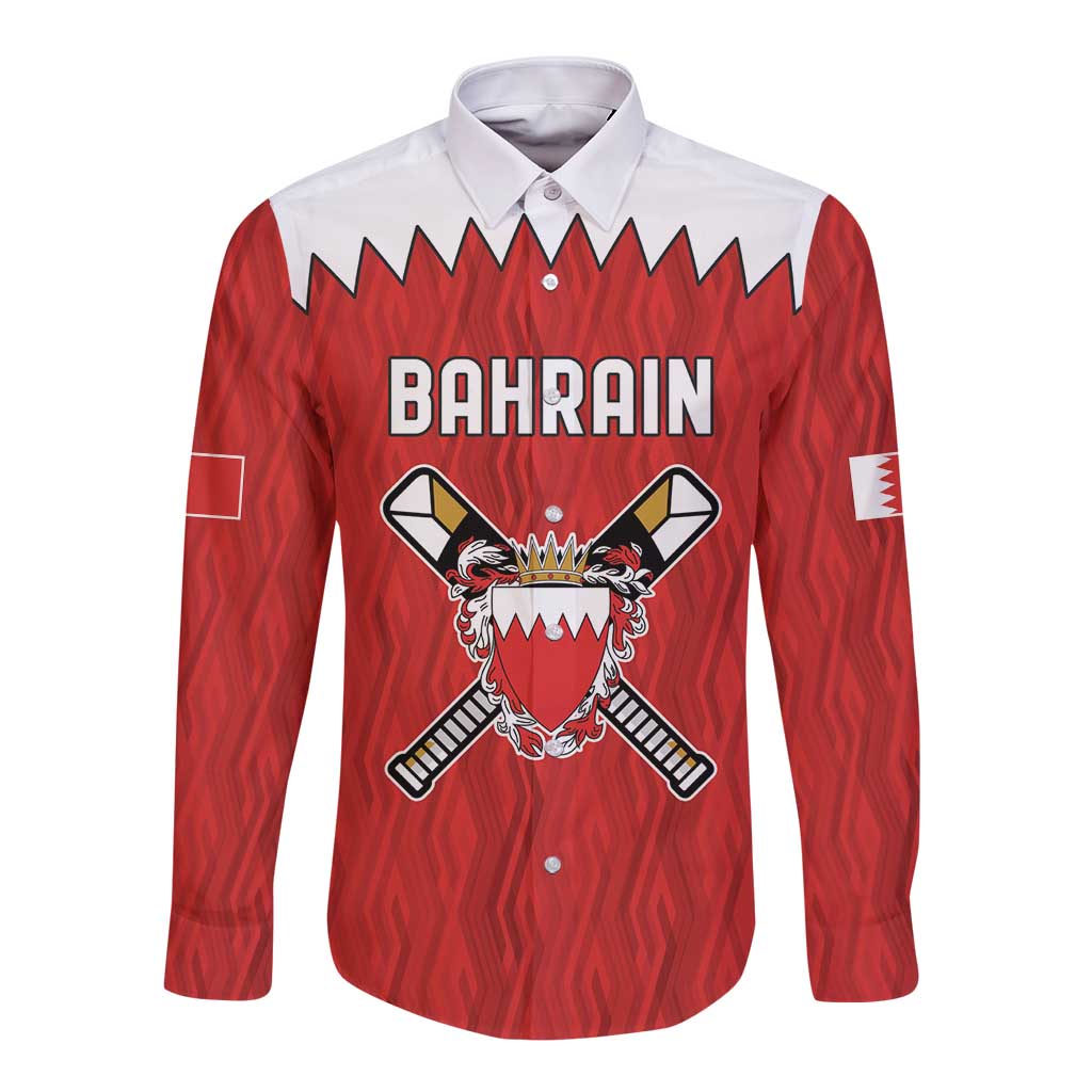 Custom Bahrain Cricket Long Sleeve Button Shirt Coat of arms of Bahrain with Sporty Pattern - Wonder Print Shop