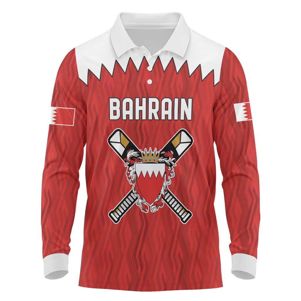 Custom Bahrain Cricket Long Sleeve Polo Shirt Coat of arms of Bahrain with Sporty Pattern - Wonder Print Shop