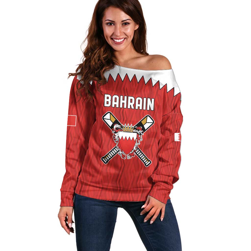 Custom Bahrain Cricket Off Shoulder Sweater Coat of arms of Bahrain with Sporty Pattern - Wonder Print Shop