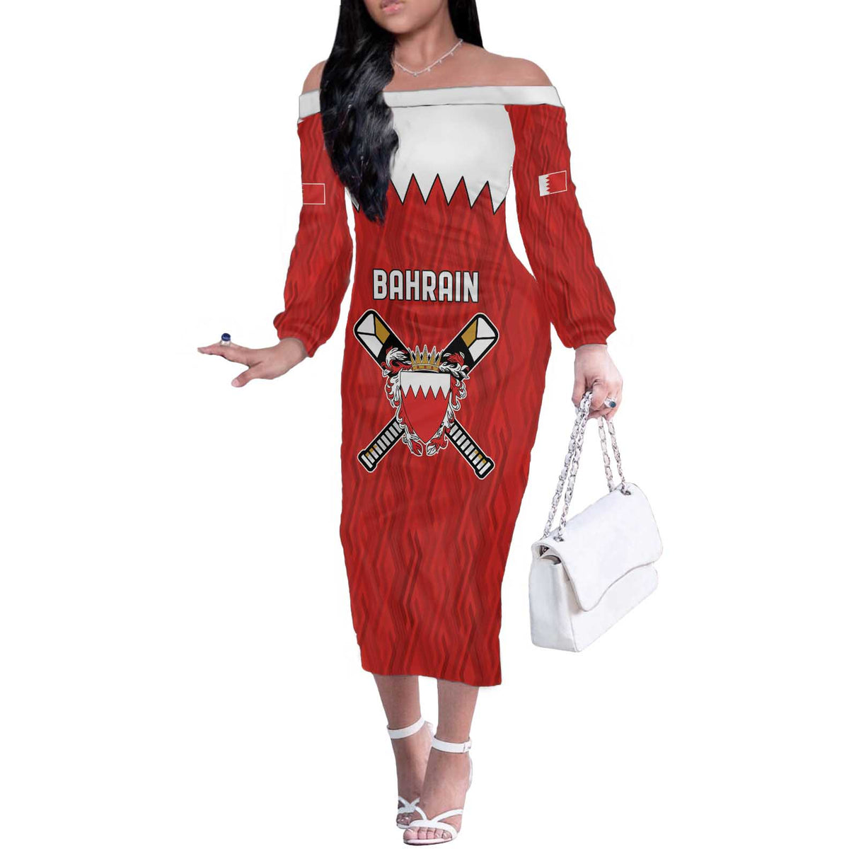 Custom Bahrain Cricket Off The Shoulder Long Sleeve Dress Coat of arms of Bahrain with Sporty Pattern - Wonder Print Shop