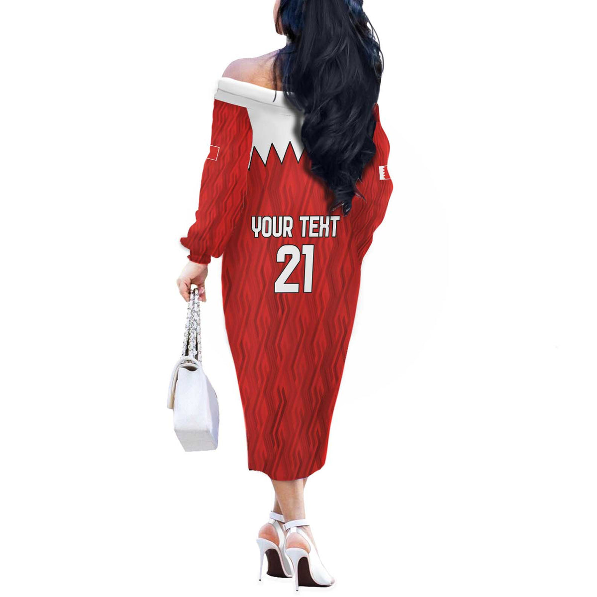 Custom Bahrain Cricket Off The Shoulder Long Sleeve Dress Coat of arms of Bahrain with Sporty Pattern - Wonder Print Shop